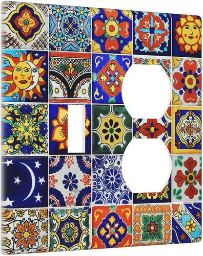 Decorative Light Switch Cover Plate Traditional Colorful Talavera Mexican Spanish Moroccan Tiles 2 Gang Outlet Covers 1 Toggle 1 Duplex Wall Plate Decorate Electrical Switch Plate Covers for Kitchen