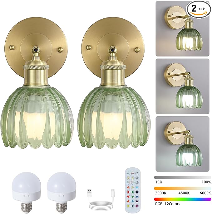 Vintage Battery Operated Wireless Wall Sconces, Rechargeable Gold Wall Lights，Green Tulip Glass Lampshad With Remote Dimmable Wall Lighting Indoor, Led Wall Lamp Fixtures For Bedroom, Living Room