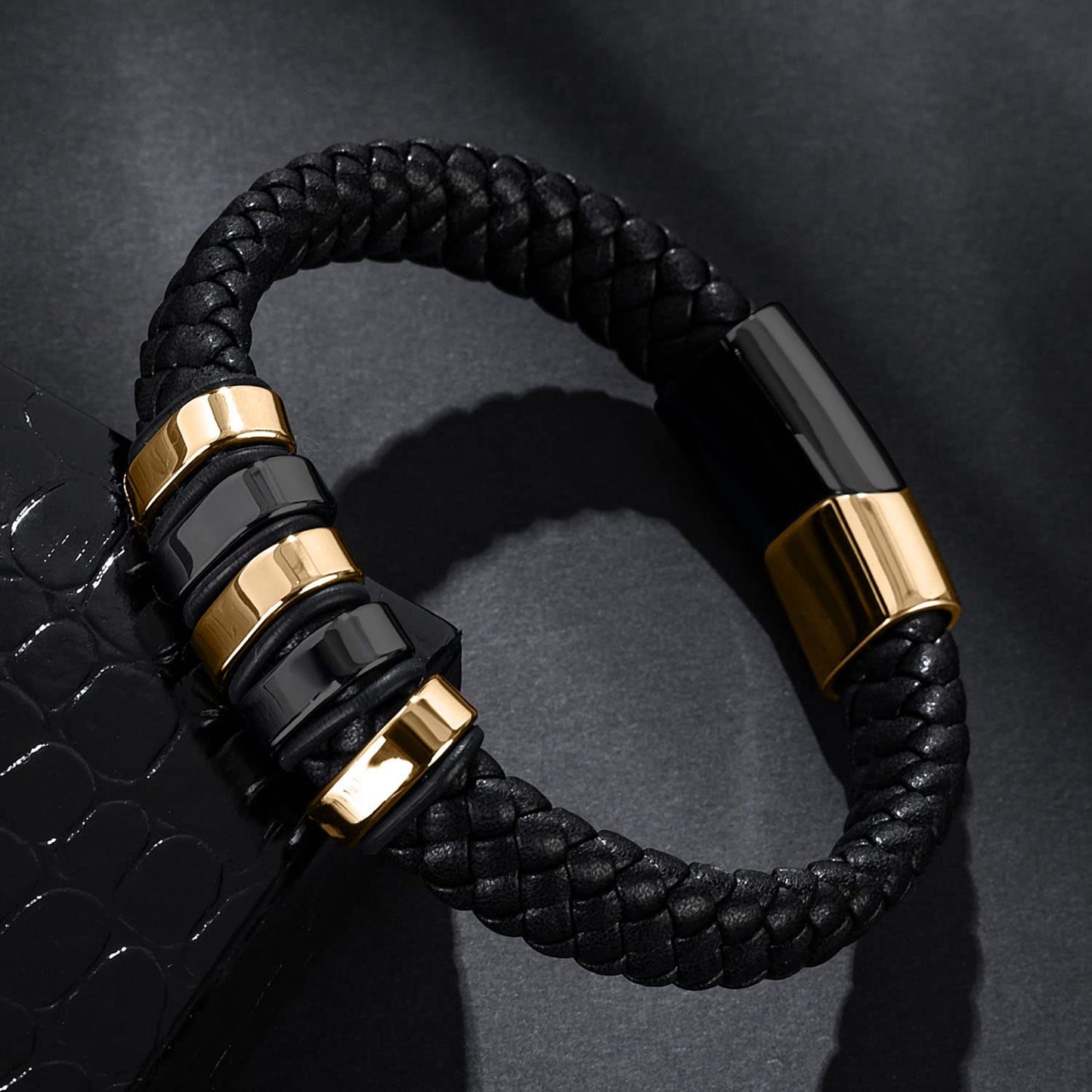 LJWVX Mens Black Leather Bracelets, Braided Leather Wristband CuffBracelet for Men, Gift for Dad