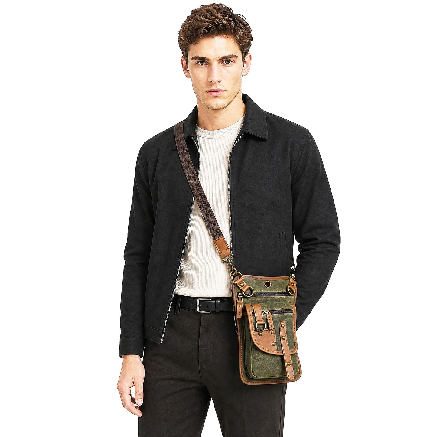 Handadsume Canvas + Leather Motorcycle Travel Fanny Waist Pack Drop Thigh Leg Bag Pouch For Men Women FB2141 (2141-The Army Green)