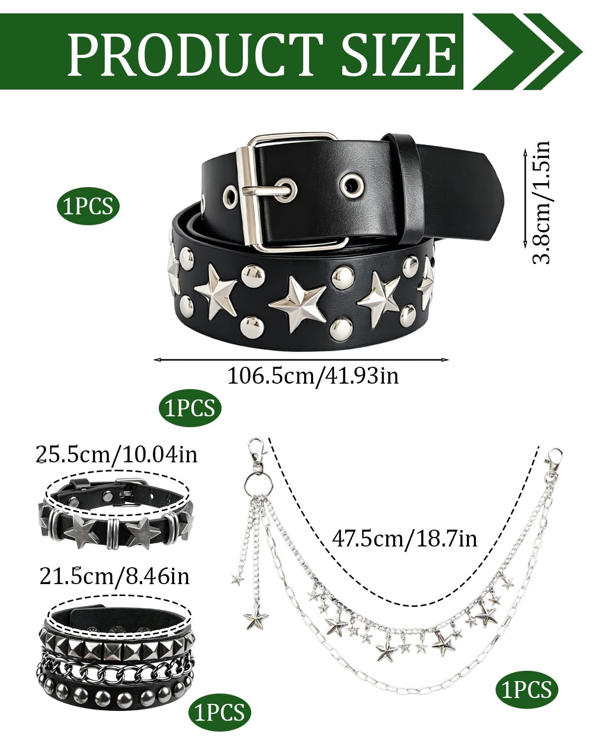 KRLBZER Y2K Star Studded Belt with Silver Star Pants Chain Punk EmoBlack Studded Belts Gothic Grunge Rock Fashion Accessory (4Pcs)