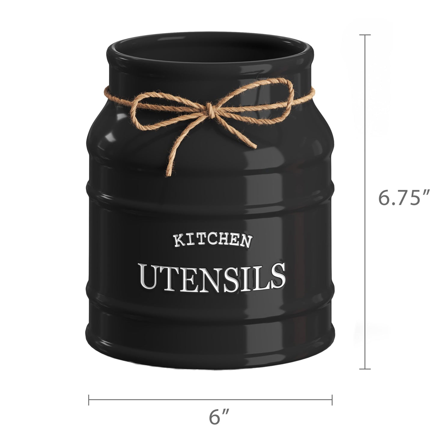 Barnyard Designs Ceramic Farmhouse Utensil Holder for Kitchen Counter, Large Rustic Utensil Crock, Countertop Cooking Tool Spatula Organizer, 6.75” (Black)