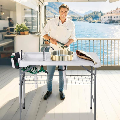 Folding Fish Cleaning Table with Sink - Portable Outdoor Fish Fillet Cutting Station | 42.4" with Drainage Hose & Grid Rack