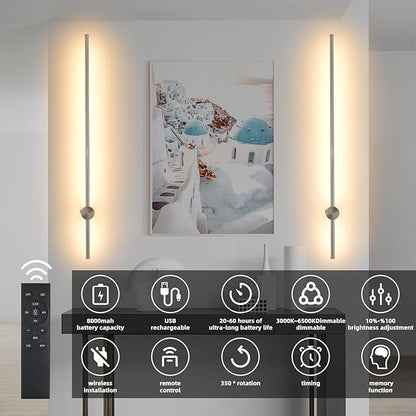 Battery Operated Wall Sconces with Remote, Dimmable 3000K-6000K/Timer/Memory LED Wall Lamp, 350°Rotate, USB Rechargeable Wireless wall lights for Living Room, Bedroom Brushed Nickel 39.3" (2 Pack)