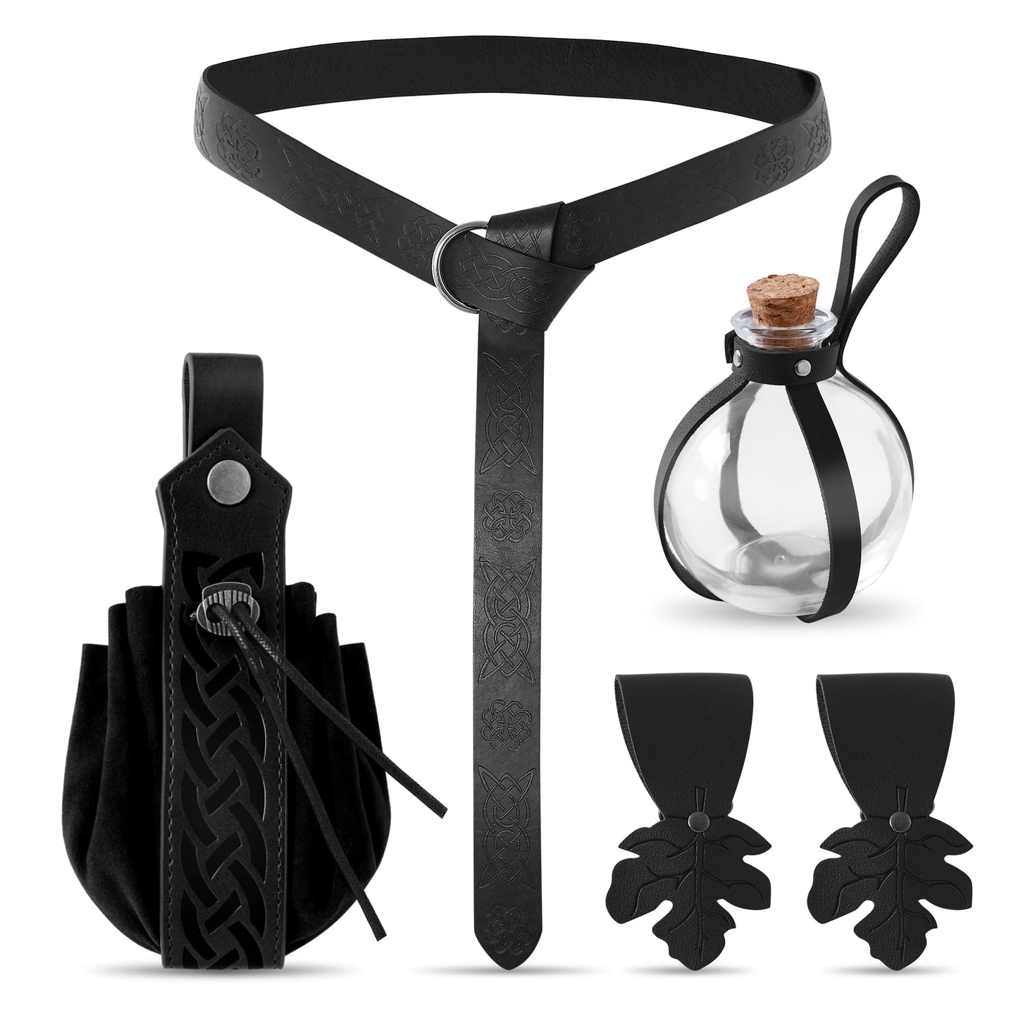 WooHand Renaissance Accessories Medieval Viking Belt Pirate Faux Leather Belt Pouch Potion Bottles Skirt Hikes Ren Faire Accessories for Women Men Black