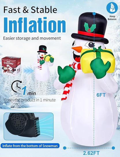 6FT Christmas Inflatables Outdoor Decorations,Inflatable Snowman Holding Gift Box Build-in LED Light-Christmas Blow Up Yard Decorations for for Indoor/Outdoor Holiday Garden Lawn Yard Patio