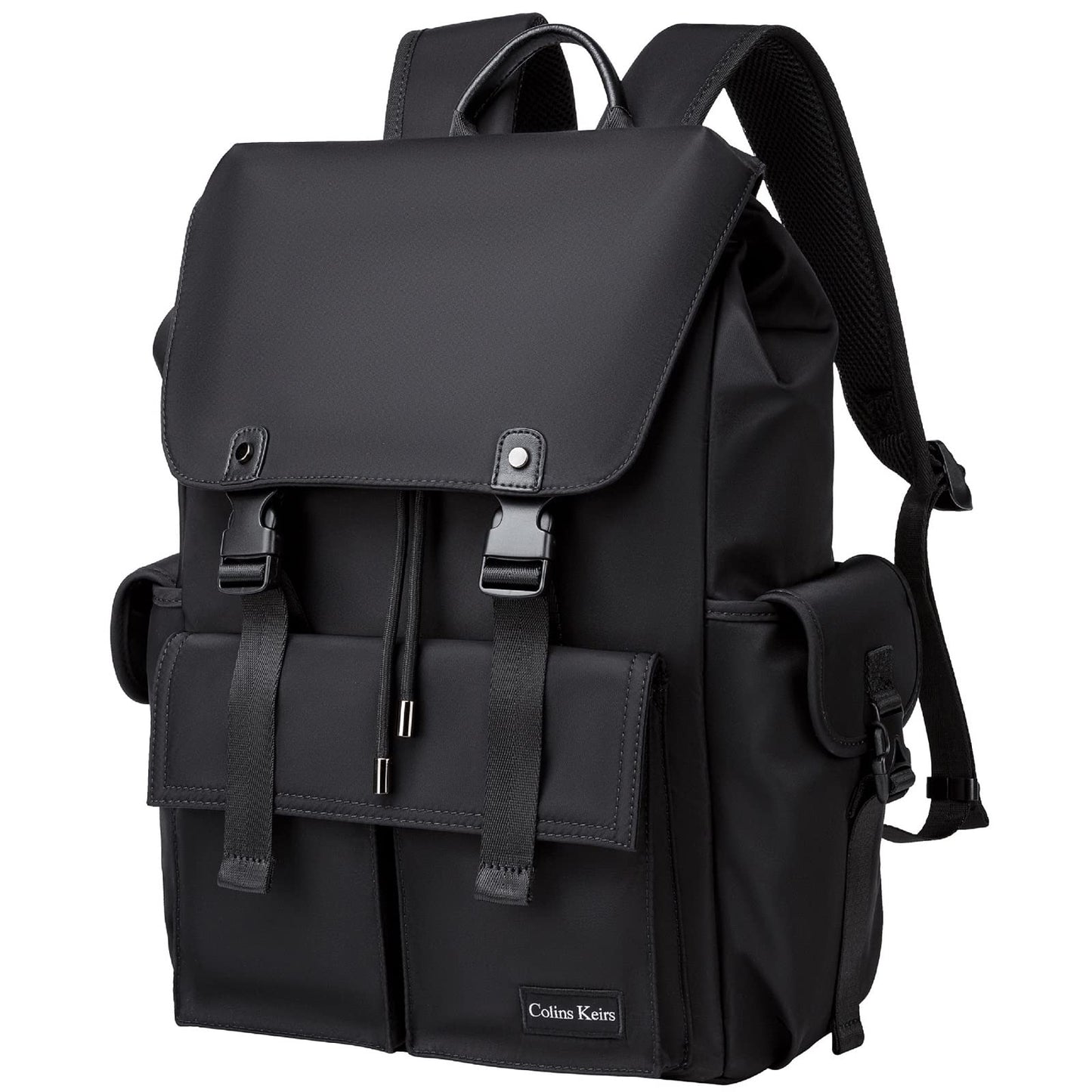 Colins Keirs Black Backpack for Men, 16 Inch Laptop Backpack with Computer Compartment, Slim Waterproof Drawstring Tech Backpack for Travel, Work, College & Daily Use