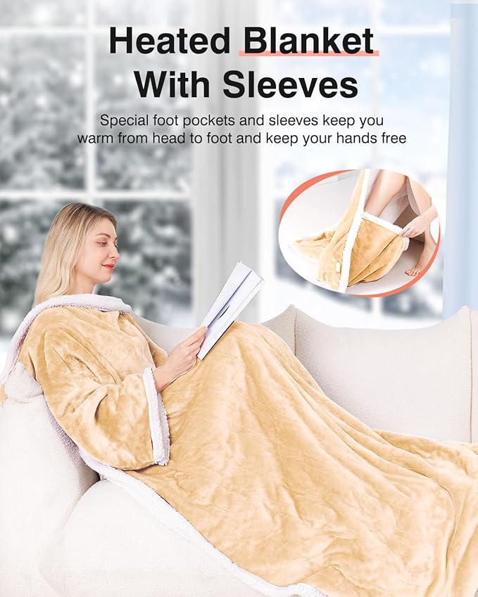 Heated Blanket with Sleeves, Wearable Electric Heated Blanket for Gifts, Electric Throw Wrap Poncho Shawl with Pockets, 6 Heating Levels & 4 Hours Time Settings, 50 x 70 Inch (Beige)