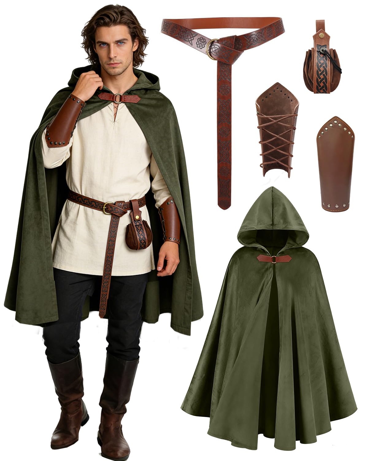 kasahara Renaissance Hooded Cloak Medieval Costume Accessories for Men Women Halloween Costume Cape Belt Pouch Bracers