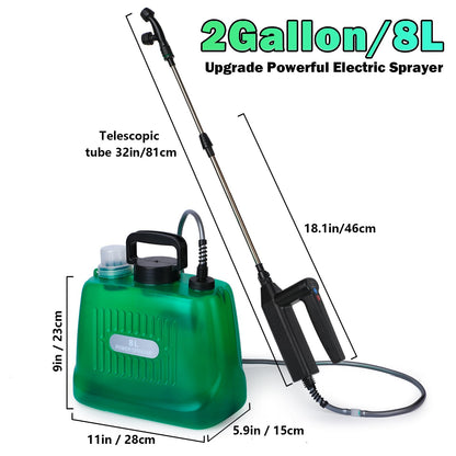 Ramarmro Battery Powered Sprayer 2 Gallon, Electric Sprayer with 4 Mist Nozzles, USB Rechargeable Handle, 32in telescopic Wand, Garden Sprayer with Adjustable Shoulder Strap for Lawn, Garden, Cleaning