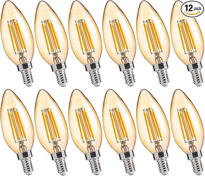 FLSNT LED Candelabra Light Bulbs 40W Equivalent, B11 E12 Small Base Chandelier Bulbs, 2200K Warm White, Dimmable, 330LM, Amber Glass Finishing, 12 Pack UL,CA65 Listed.