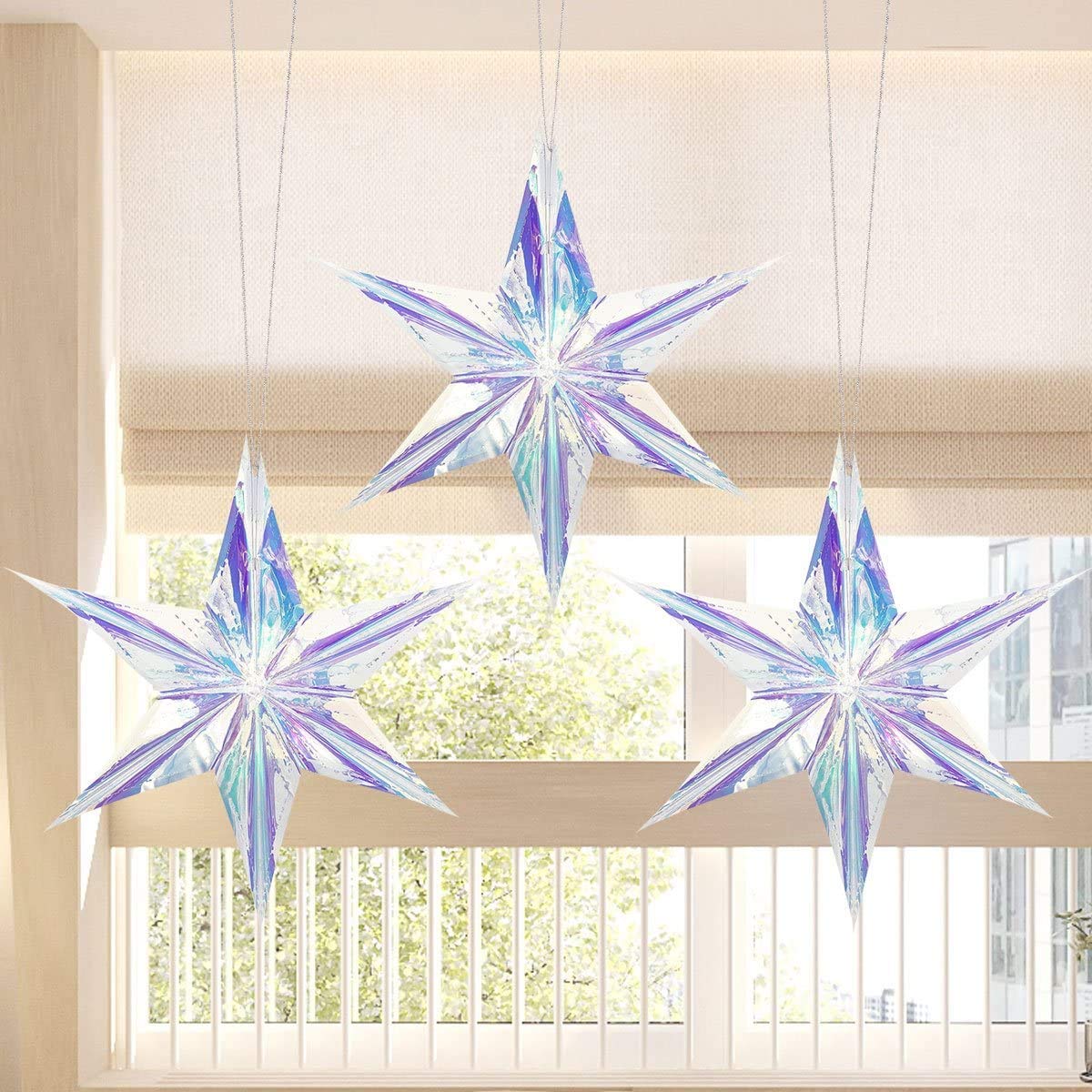CNUSER Iridescent 6 Point Star Ornament Hanging Decorations, Clear Foil Decorative Folding Decor, Rainbow Shine Party Ornaments for Wedding Birthday Christmas Frozen Theme Party