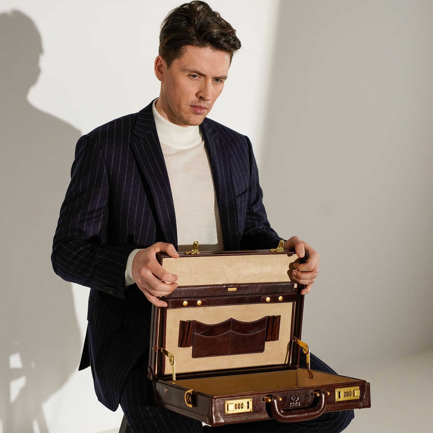 Time Resistance Leather Attache Case - Full Grain Italian Leather Briefcase - Laptop Bag up to 15” - Hard Case with Lock (Brown)