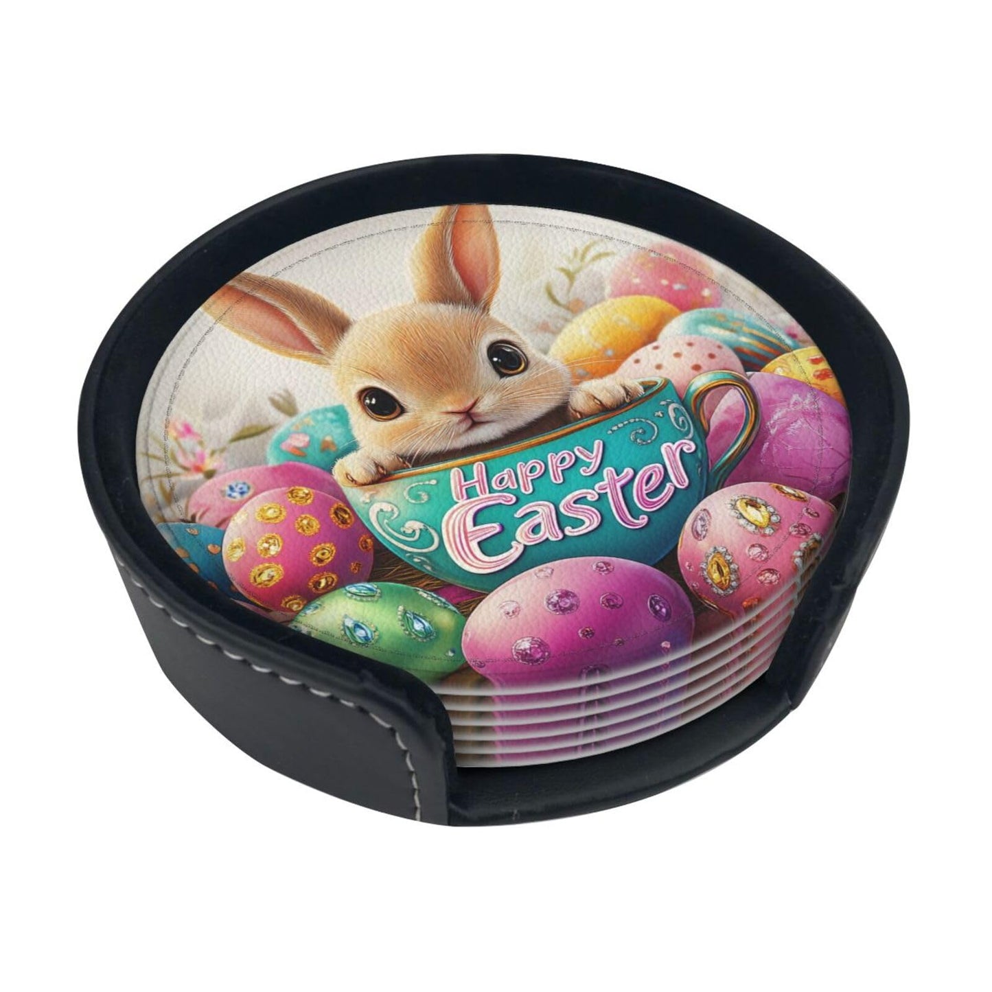 6 Pcs Easter Bunny Coasters for Drinks with Holder Round Leather Coasters Easter Coaster Sets Personalized Drink Coasters Coffee Table Cup Coaster Beer Coasters
