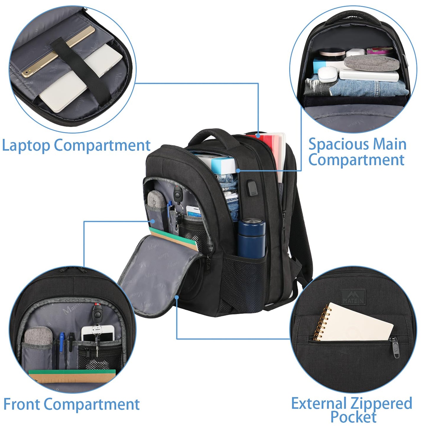 MATEIN College Large Travel Backpack, TSA Expandable Laptop Backpack with USB Charging Port, Anti Theft Computer Bag Fit 17.3 Inch Laptop Water Resistant College Computer Bag Gift for Men Women, Black