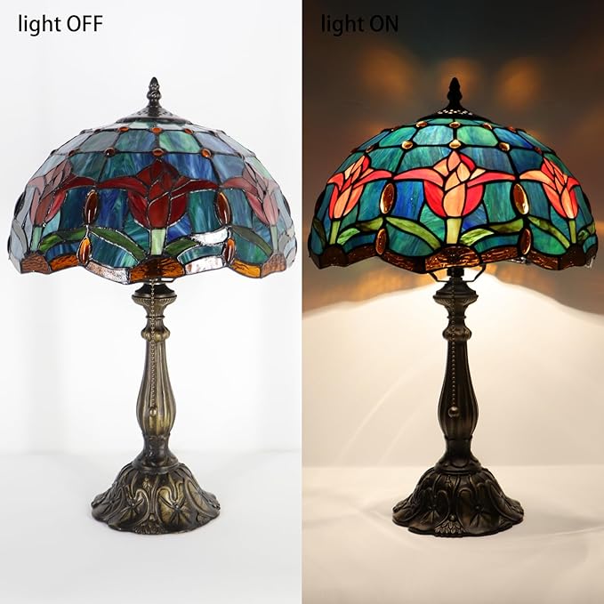 Tiffany Lamp Stained Glass Table Lamp Bedside Reading Light W12H19 Inches (Tulip Style)
