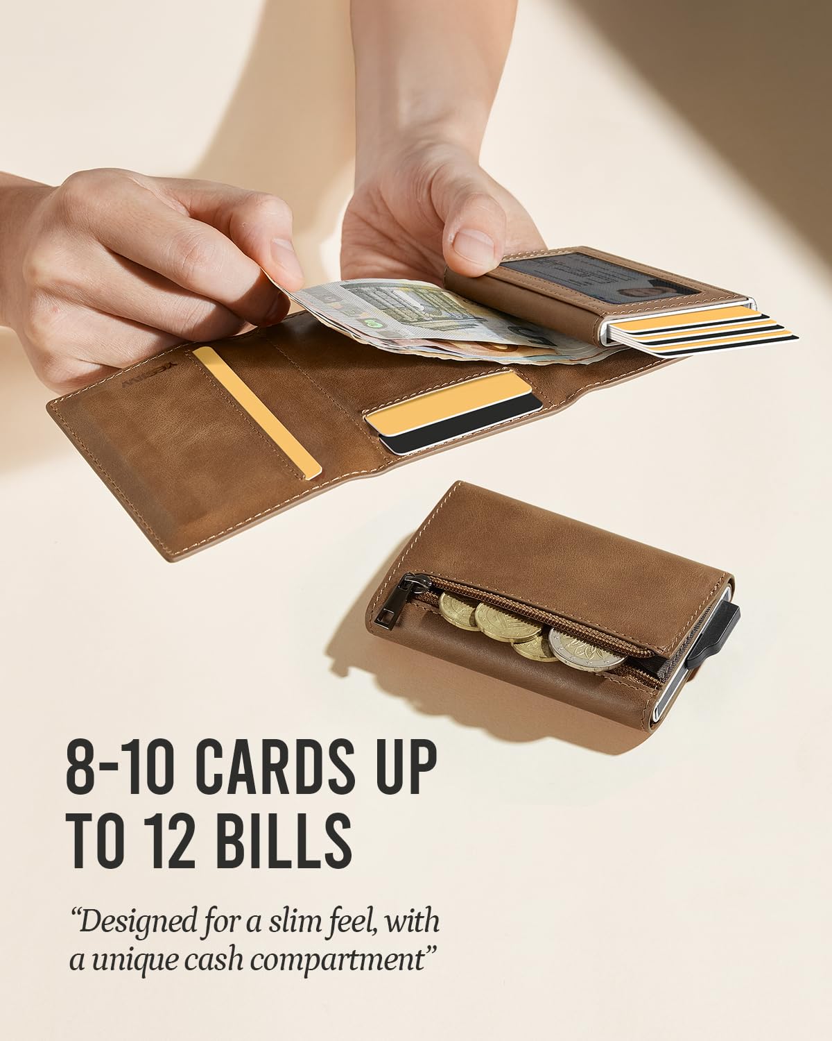YESIIW Smart Wallet for Men with Premium Genuine Leather - Pop up Card Holder Mens Wallet for 8-10 Card Capacity | ID Window | Cash Slot | Coin Pocket | RFID Blocking - Slim, Thin (Brown)
