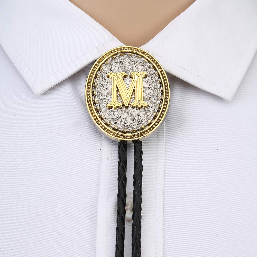 HOEACXY Initial Bolo Tie for Men Leather Cowboy Necktie Letter M Name Bola Accessories Personalized Gift for Him