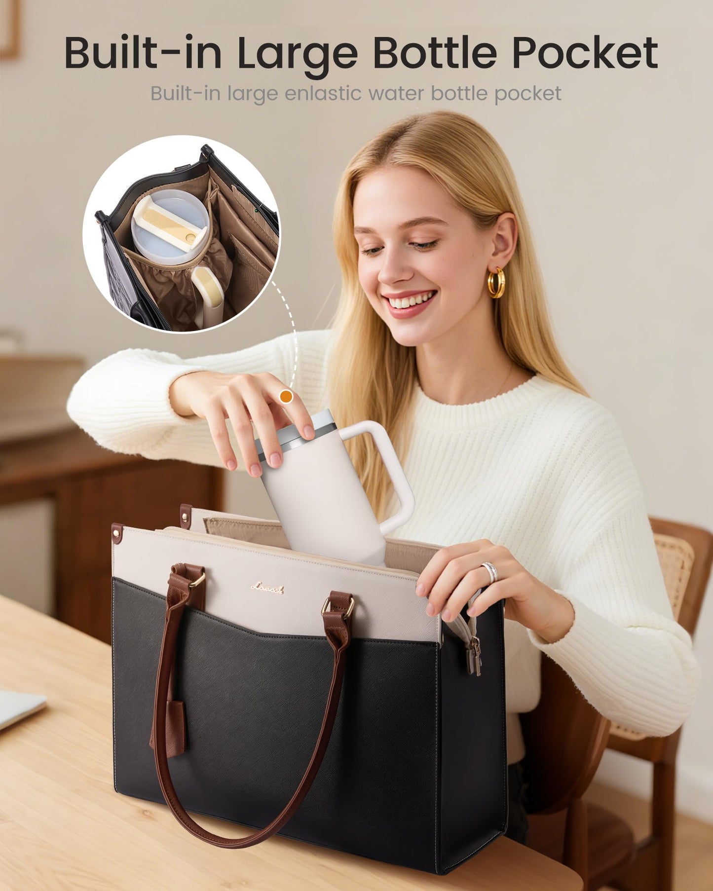 LOVEVOOK Laptop Bag for Women 15.6 Inch, Waterproof Leather Tote Purse with Cup Holder & Elegant Clutch, Multi Pocket Large Capacity Work Briefcase for Office Travel, Black-Beige-Brown