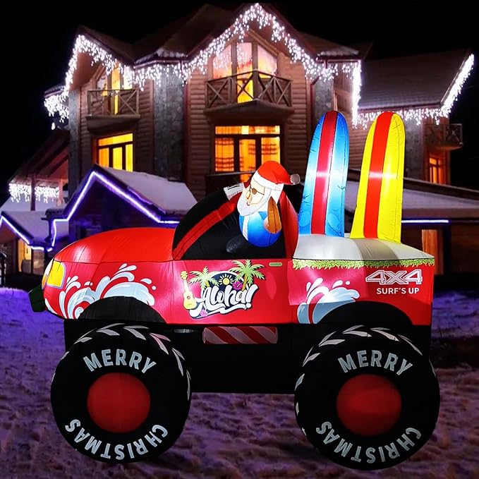 7FT Long Christmas Inflatables Monster Truck Outdoor Decorations, Xmas Blow up Santa Driving Monster Truck, Inflatable Outside Decor for Yard Garden Lawn Party Indoor Home