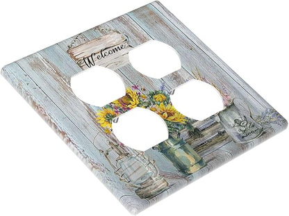 Decorative Light Switch Cover Plate Country Flower Vintage Wood Board Sunflower Butterfly 2 Gang Socket Covers Double Duplex Wallplates Switch Plates and Outlet Covers for Bathroom Home Decor