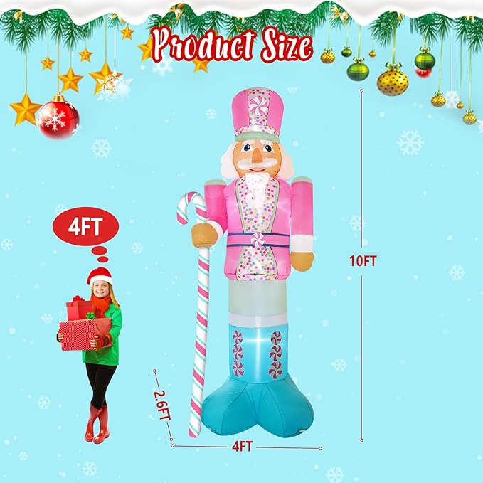 10FT Christmas Inflatables Pink Nutcracker Hold Candy Cane, Christmas Blow up Yard Decoration Inflatable Nutcracker Built-in 6 LED for Xmas Decorations Outdoor Indoor Xmas Gifts