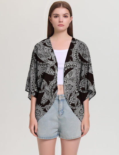 Chunoy Women Summer Paisley Short Sleeve Open Front Beach Tops Chiffon Casual Kimono Cardigan Cover Up Black Large