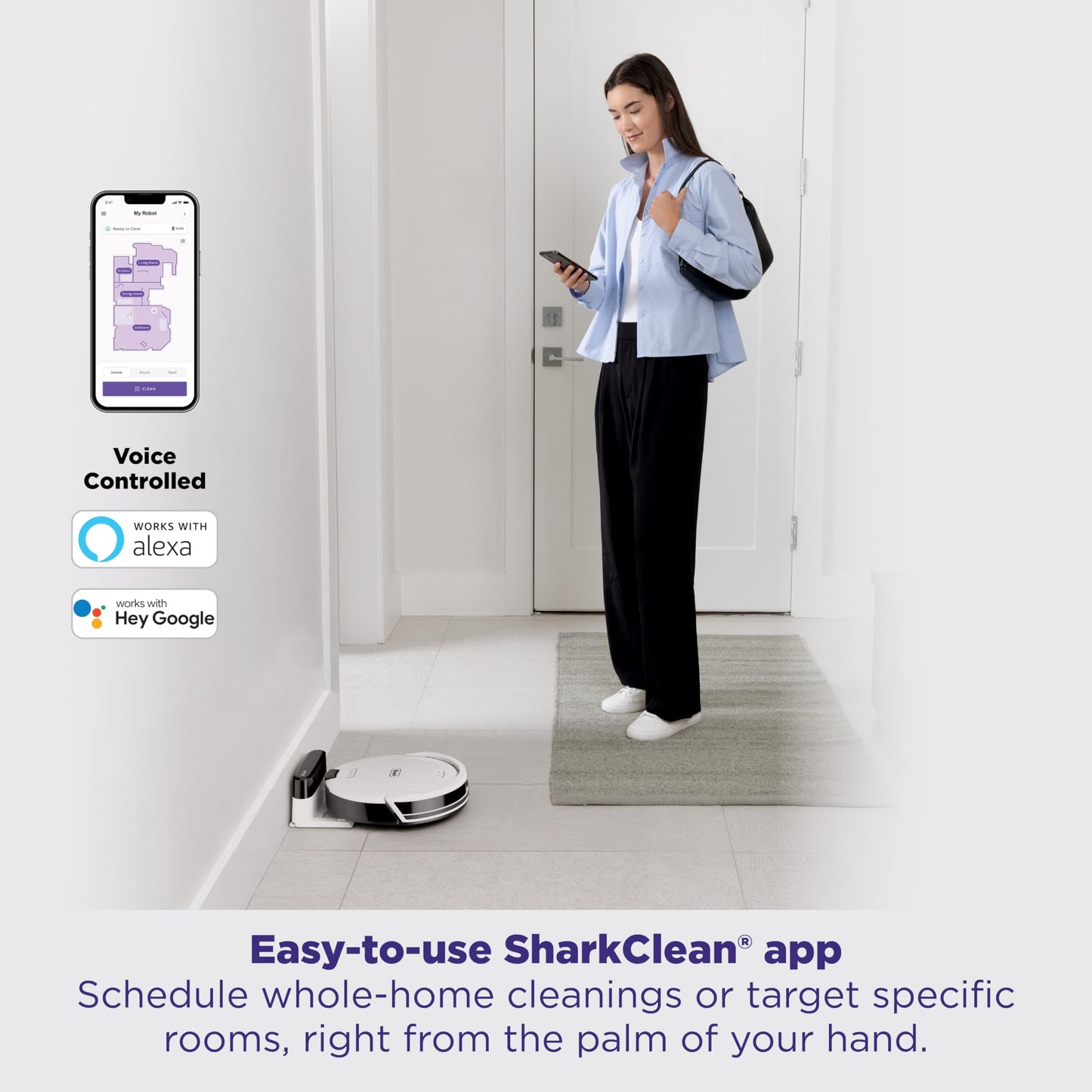 Shark Navigator Robot Vacuum with Bagless 30-Day Capacity Self-Empty Base, Powerful Suction, SmartPath Navigation, Self-Cleaning Brushroll, for Carpets & Hard Floors, White, AV2110S