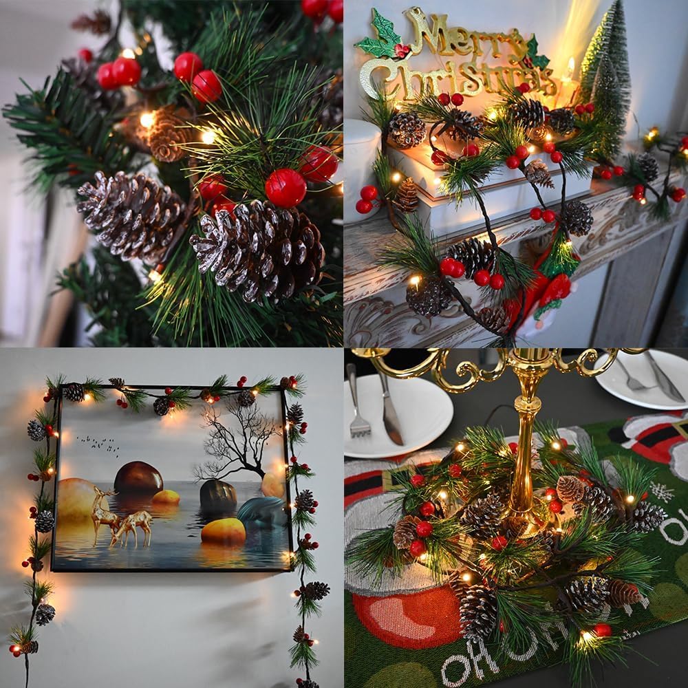 2025 Upgraded Christmas Garland Lights 9.84FT Holiday Prelit Garlands Pine Cone with Red Berry Battery Operated with Timer Garland Wreath Xmas Decor Lights for Outdoor Indoor Christmas Home Decoration