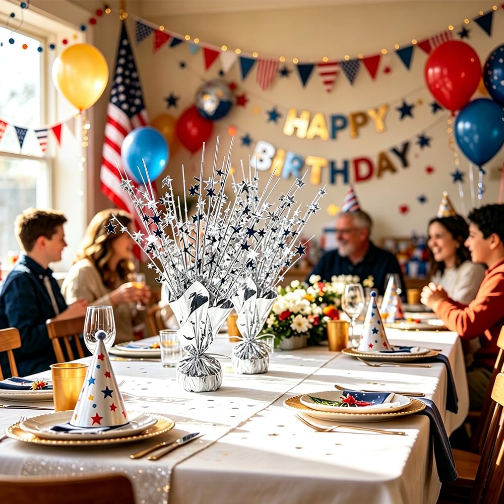 Silver Star Spray Table Centerpieces, 6 Pack Sparkly Silver Starburst Table Toppers, Foil Star Party Decorations for Birthday Graduation 4th of July Wedding New Year Table Decor