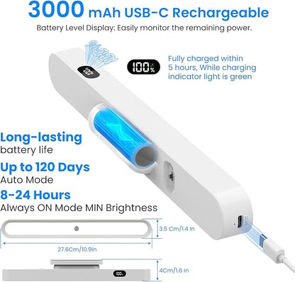 Under Cabinet Lighting Battery Operated 3000mAh Rechargeable,New Closet Motion Sensor Lights Indoor, Power Display 3 Color Temps Dimmable 300LM Magnetic Light Bar for Kitchen Counter(White)
