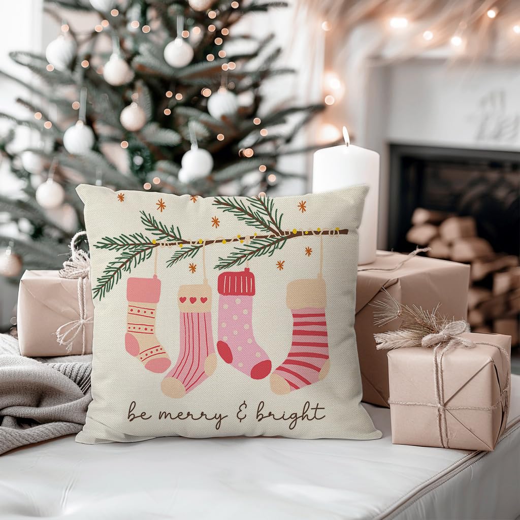 HERHOME Pink Christmas Pillow Covers 18x18 Inch Gingerbread House Hot Cocoa Xmas Tree Pink Christmas Decorations Winter Holiday Decorative Throw Pillow Case Set of 4 for Couch Home Decor