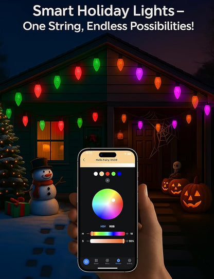 Smart C9 Christmas Lights Outdoor, 132FT 200 LEDs, RGB Color Changing String Lights with Music Sync & DIY, 108 Modes, App Controlled Waterproof Lights for Large House, Wedding, Halloween decorations