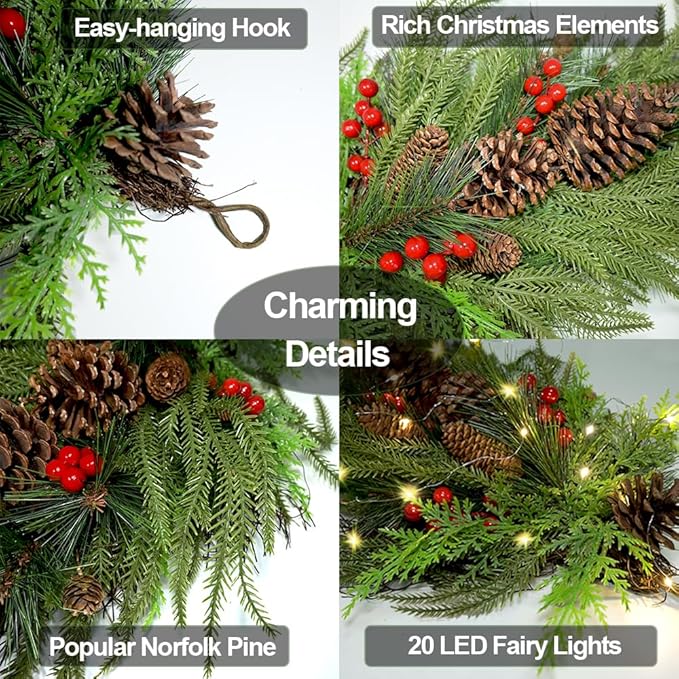 2025 Upgraded 27.6inch Prelit Christmas Teardrop Swag Norfolk Pine Swags Christmas Wreaths with Lights Greenery Stairway Swags Staircase Decorations for Door Indoor Outdoor Home Hanging Decor