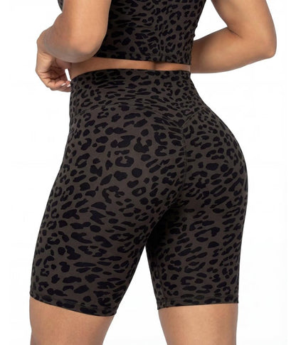 Sunzel 8" Waist Biker Shorts for Women No Front Seam Soft Yoga Workout Gym Bike Shorts Tummy Control Squat Proof Leopard Seal Brown X-Large