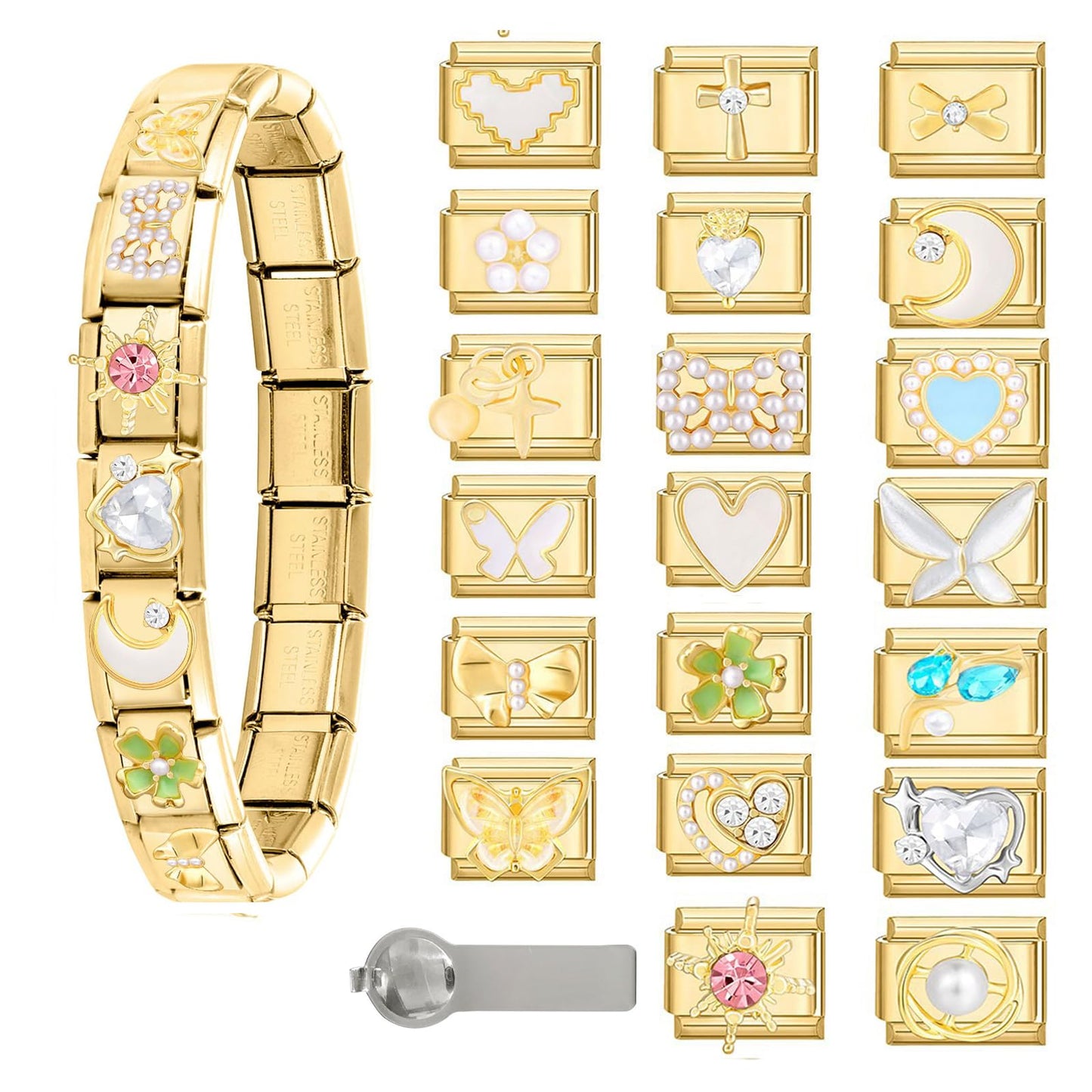 ITingstere Italian Charms Bracelet Sets with 1Pcs Gold Brascelet,20Pcs Charms and Opening Tools,9mm Italian Modular Charm Bracelet Link Handmade