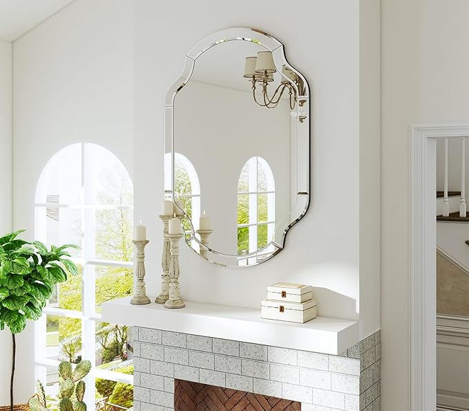 Large Decorative Mirrors, 28" X 40" Elegant Living Room Mirror with Glass Pieces and Beveled Edge, Vanity Mirror for Bedroom Bathroom Entryway Hang Horizontally or Vertically