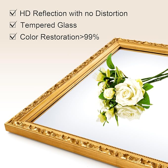 Large Vintage Decorative Mirror for Wall Decor, 52'' x 28'' Gold Antiuqe Living Room Mirror with Ornate Frame, Traditional Vintage Gold Mantle Mirrors, Horizontal/Vertical