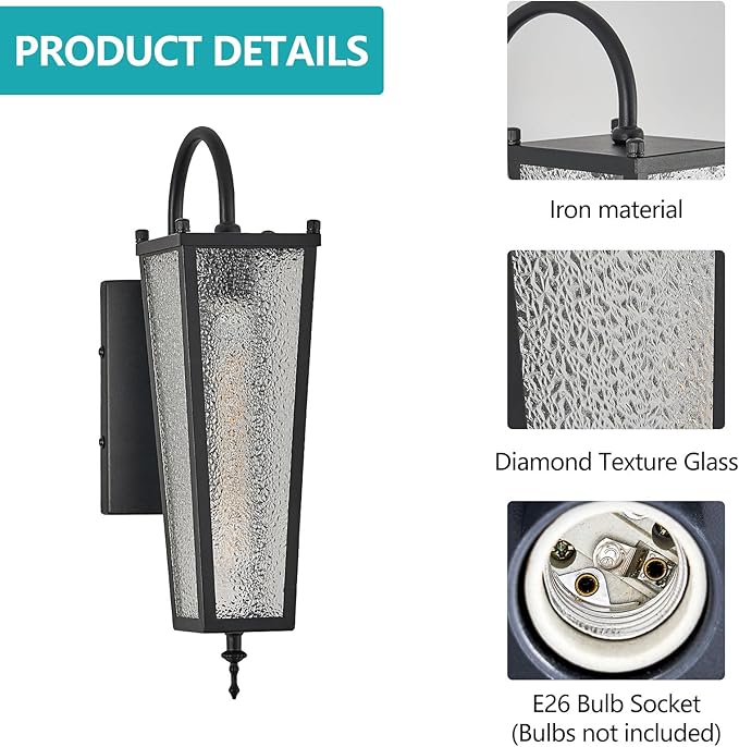 Outdoor Wall Light, Black Metal Sconce, 17.1in Exterior Waterproof Lantern with Clear Glass, Farmhouse Porch Wall Mount Lighting for Garage, Patio, Front Door