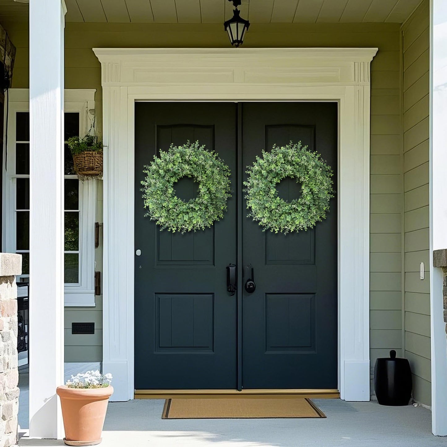 26'' Eucalyptus Wreath for Front Door - Large Artificial Eucalyptus Leaves with White Seeds Greenery Outdoor Wreath for Porch,Window,Farmhouse,Home,Hanging Decor- Spring, Summer, All Seasons (Green) ﻿