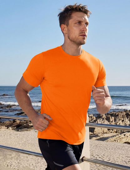 MAGCOMSEN Men's Short Sleeve Dry Fit Shirts Athletic Running Moisture Wicking Tee UPF 50+ Hiking Gym Tshirt Fluorescent Orange M