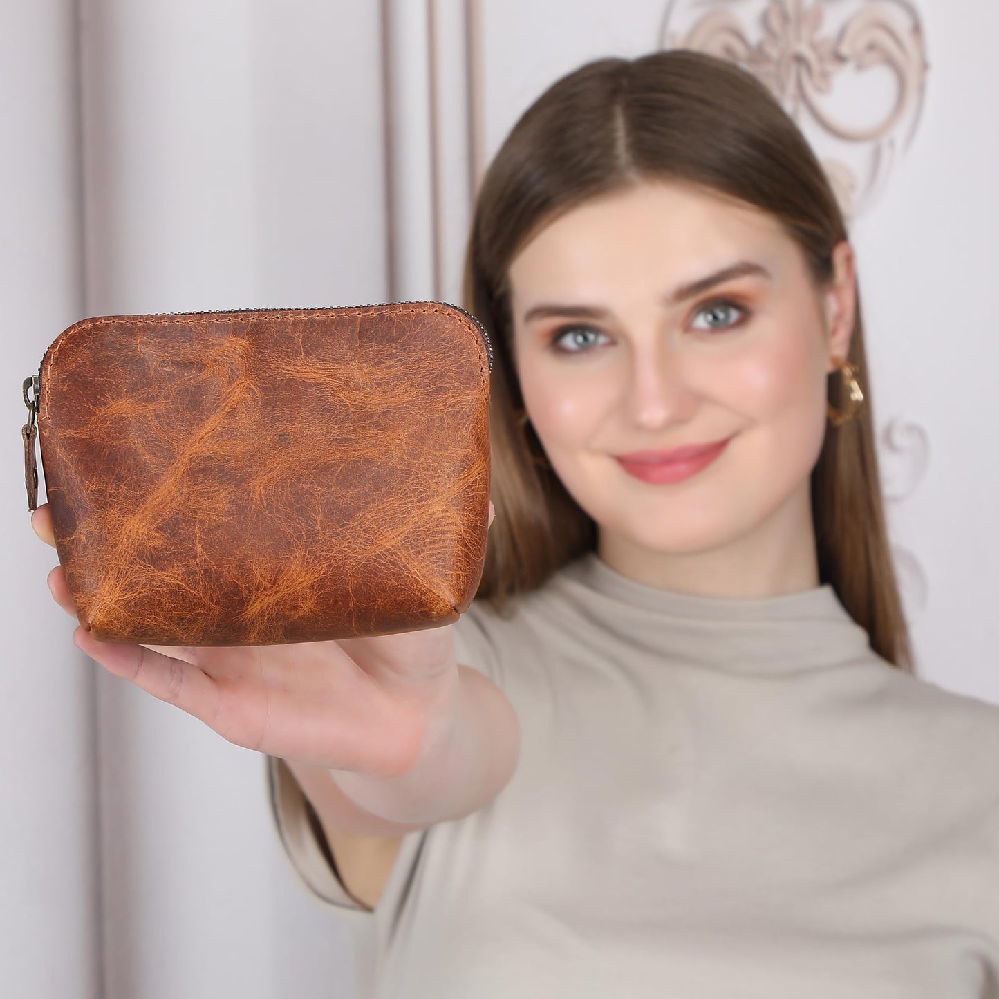 TheAntiq Full Grain Leather Cosmetic Bag – Zippered Makeup Pouch for Women, Small Travel Toiletry & Organizer Pouch for Purse, Premium Handmade Leather (5 × 4 × 2.5 in)