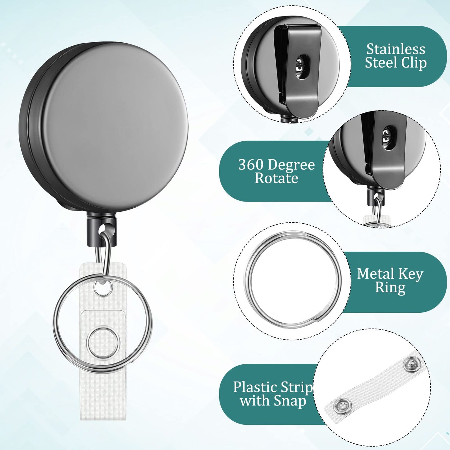 Leelosp 20 Pack Heavy Duty Retractable Badge Holder Reel Metal ID Badge Holder with Belt Clip Keyring Retractable Clip Bulk Card for Work Employee Doctor Nurse Gifts (Glossy Grey)