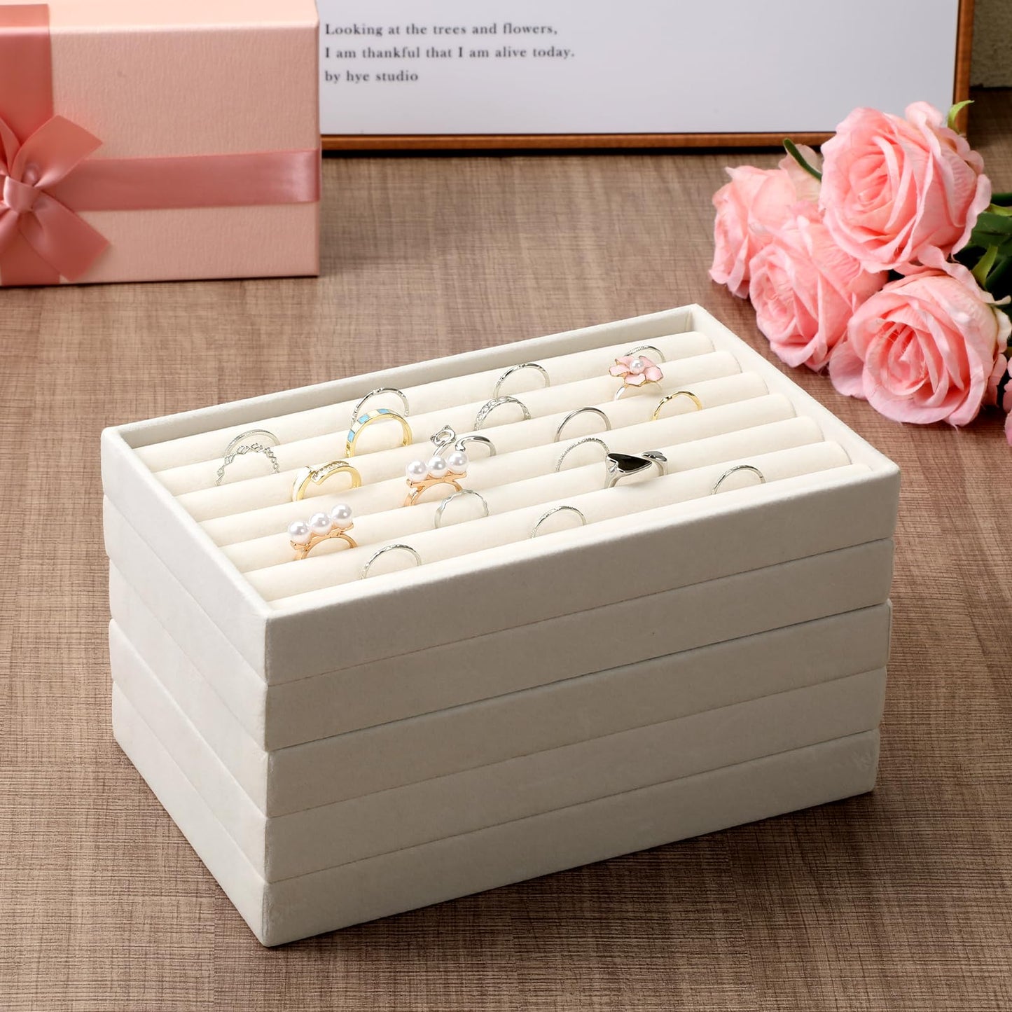 Exclaith 9 Set Velvet Jewelry Drawer Organizer Inserts, Stackable Jewelry Organizer Trays with Removable Dividers, Jewelrys Storage Display Tray, for Earring Ring Necklace Watch Bracelet, Beige