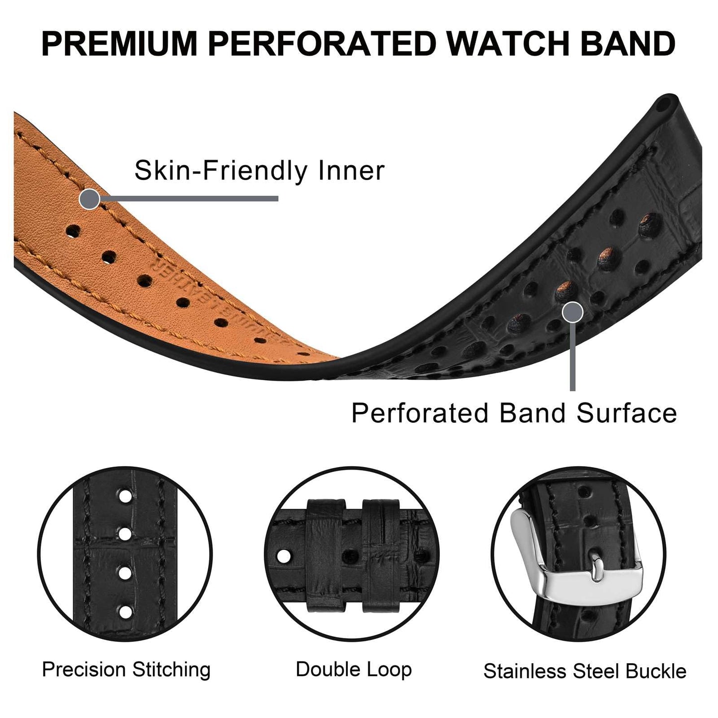 Anbeer Alligator Embossed Genuine Leather Watch Band,22mm Perforated Replacement Wristband for Men Women,Luxury Crocodile Pattern Watch Strap