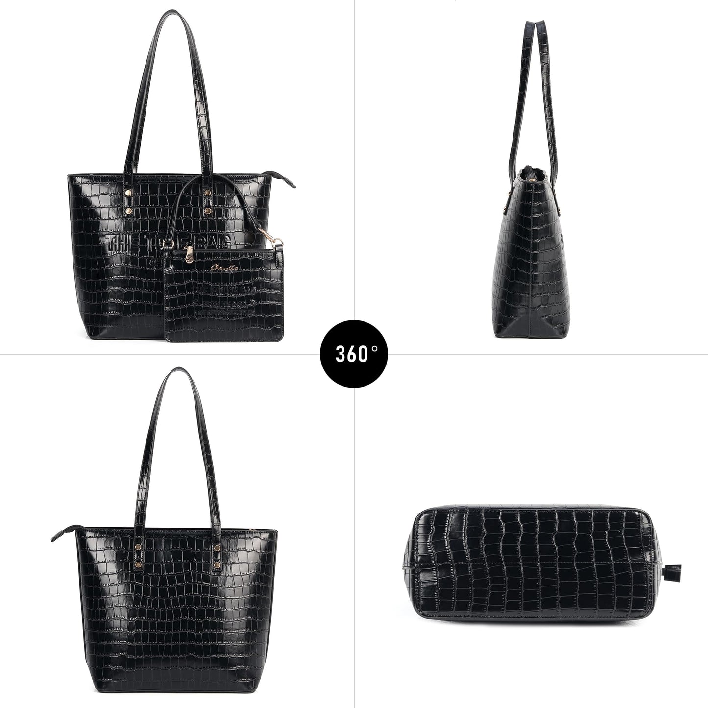 Chinllo Tote Bag for Women, Large Crocodile Top Handle Handbags Purse Set with Clutch Bag (Dc.Black)