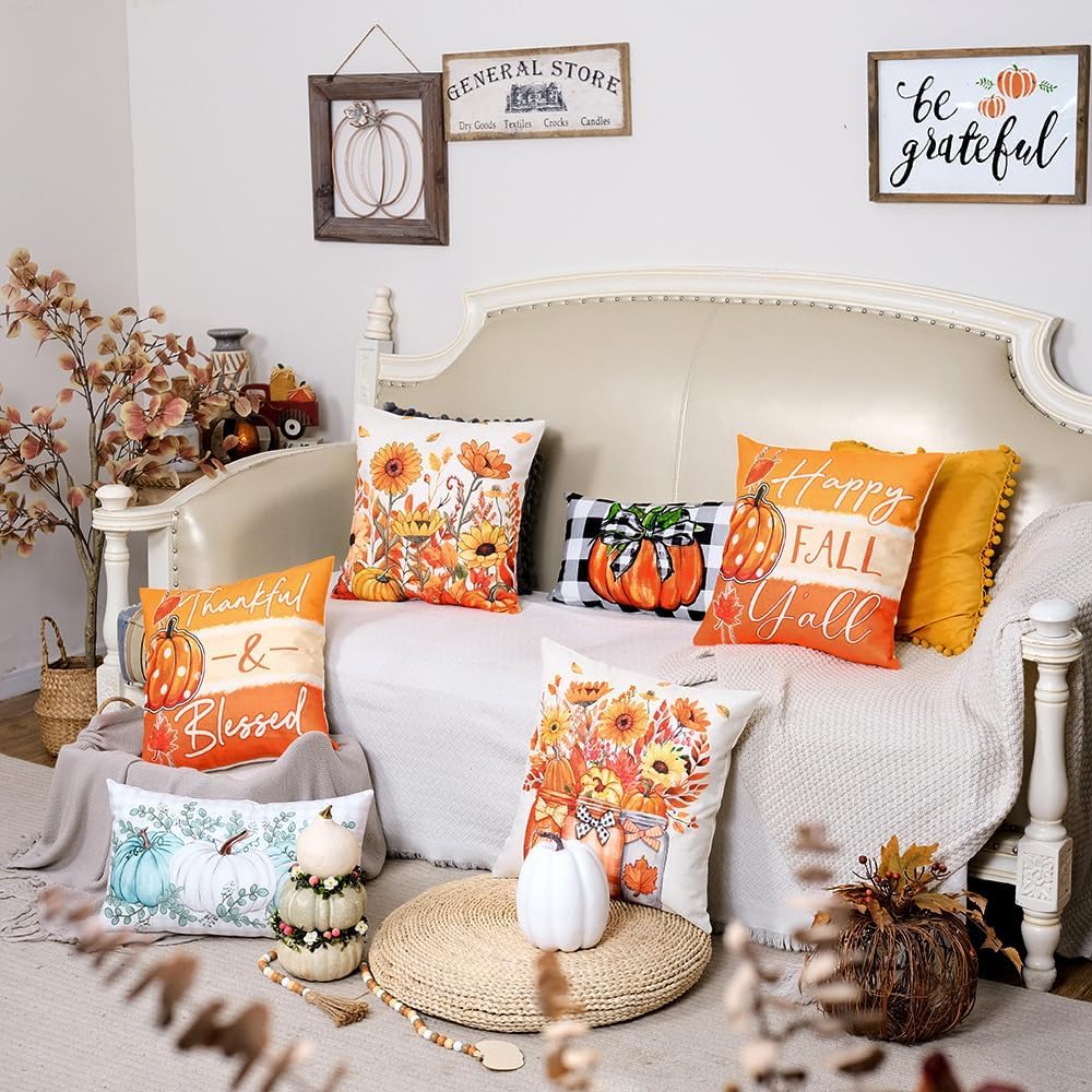 GEEORY Fall Sunflower Pumpkin Thanksgiving Pillow Covers 18x18 Set of 4