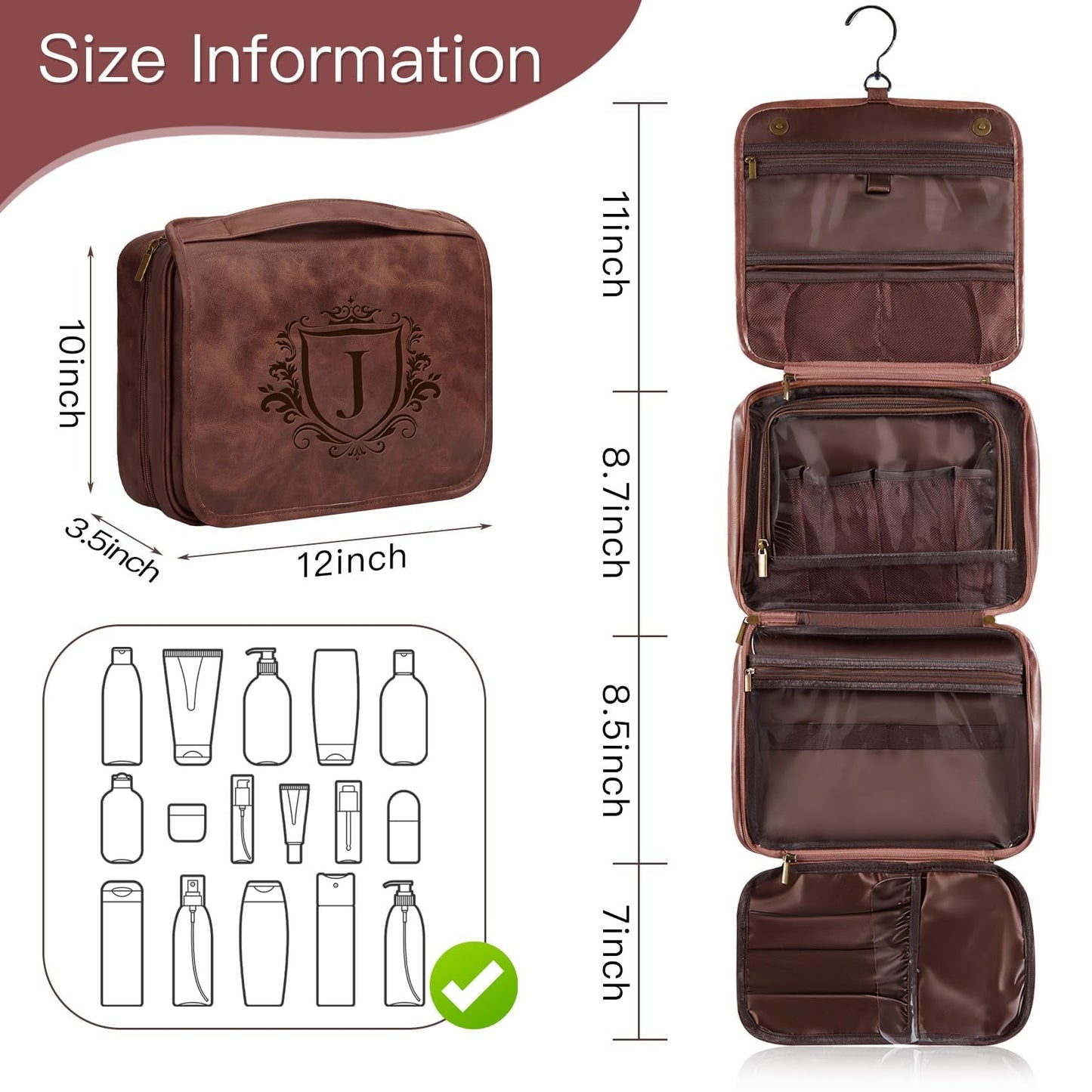 Aganmi Personalized Hanging Toiletry Bag Travel Gifts for Men Him, 3-in-1 Large Laser-Engraved Initial Waterproof PU Leather Shaving Bag Valentines Birthday Gift for Men Dad Husband Reddish Brown M