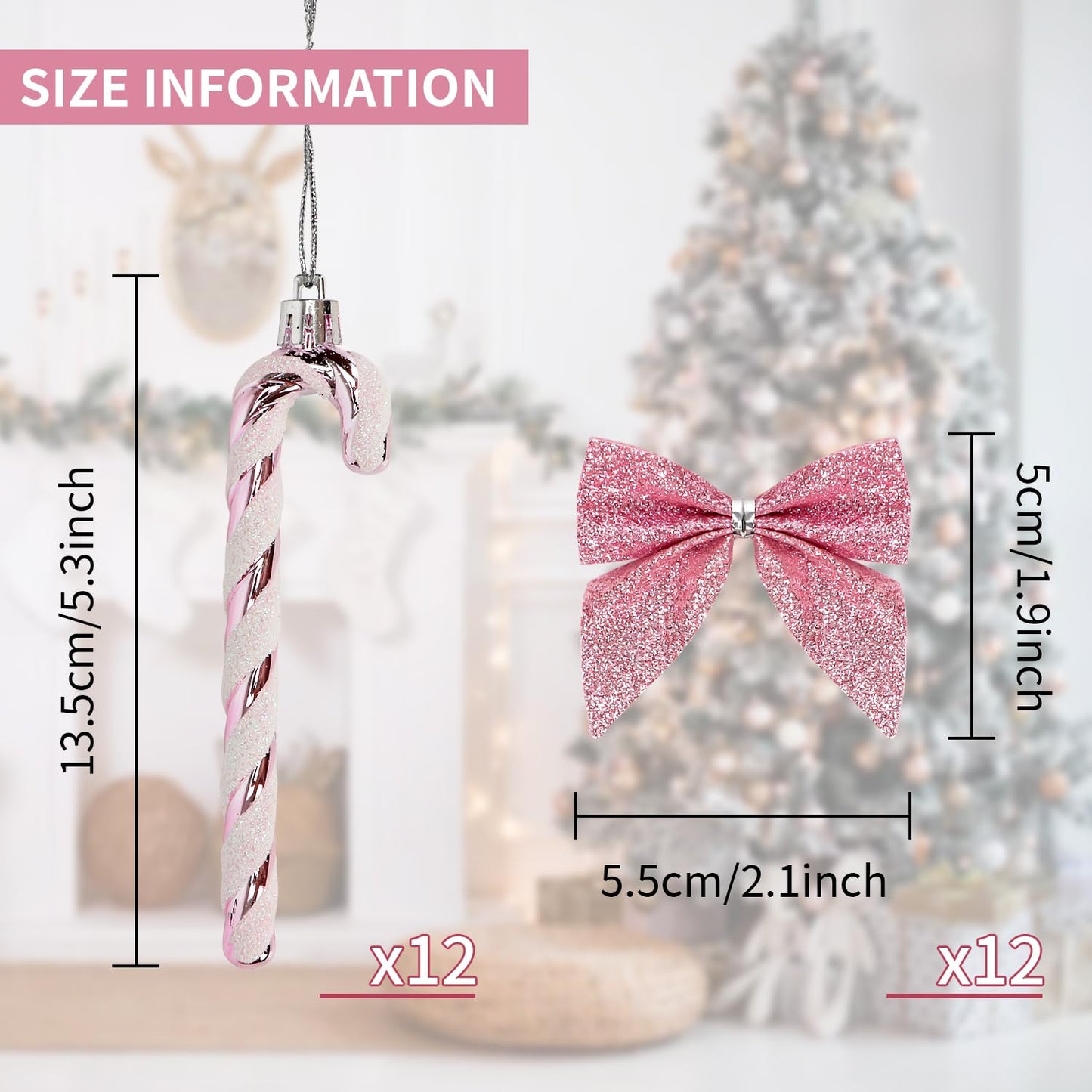 12 Pcs Candy Cane Christmas Decorations,5.5inch Glitter Candy Cane Bows for Xmas Tree Hanging Ornament Holiday Festival Party Home Decoration (Pink)