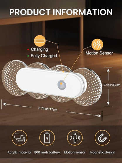Motion Activated Night Light Rechargeable, Magnetic Stick On Lights Battery Operated, No Drill LED Sensor Night Light for Bathroom Bedroom Hallway (2 Pack)